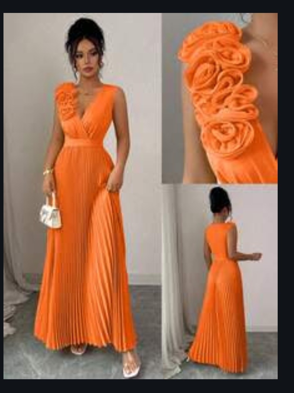 SHEIN Orange Pleated V-Neck Maxi Dress with Rosette Shoulder